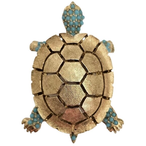 Ciner Turtle Brooch Blue Ballotini  Gold Tone Textured Pin Signed, J63 - Picture 1 of 8